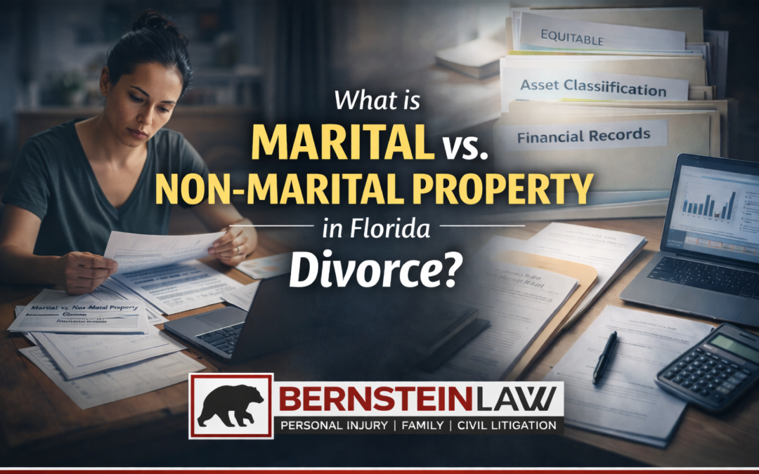 Woman reviewing financial documents beside files labeled asset classification and financial records for marital vs non marital property Florida divorce.