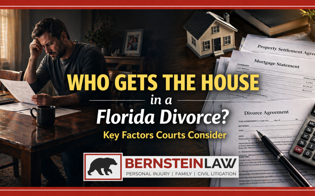 Stressed man reviewing financial documents at home during a Florida divorce, focused on who gets the house.