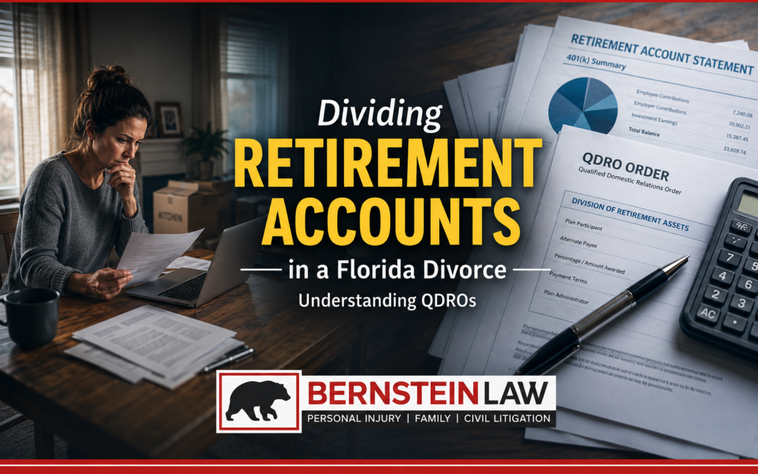 Woman woman reviewing QDRO documents and retirement account division paperwork during a Florida divorce process.