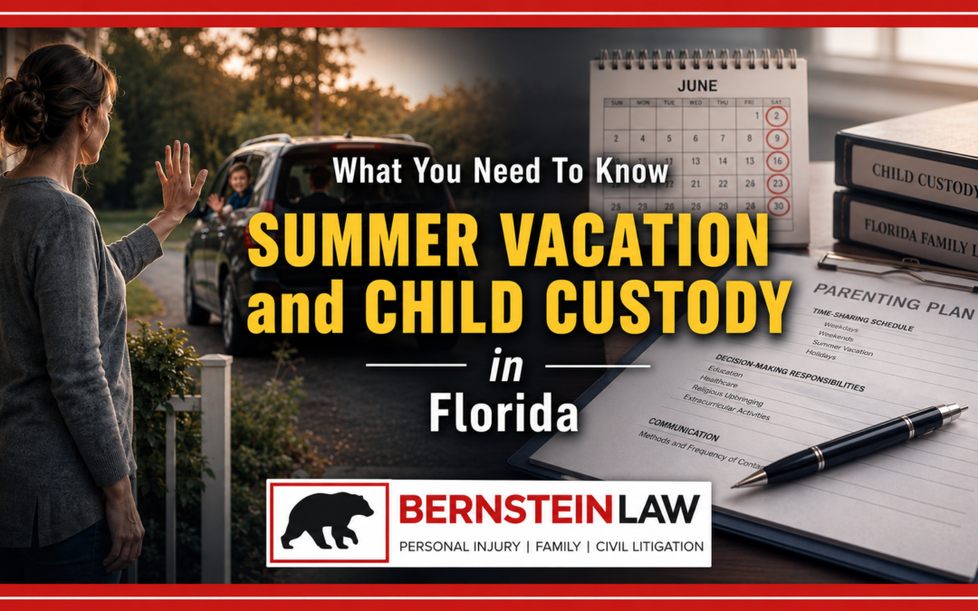 Divorced Florida mother saying goodbye to her son as he leaves with his father for summer vacation under a child custody arrangement.