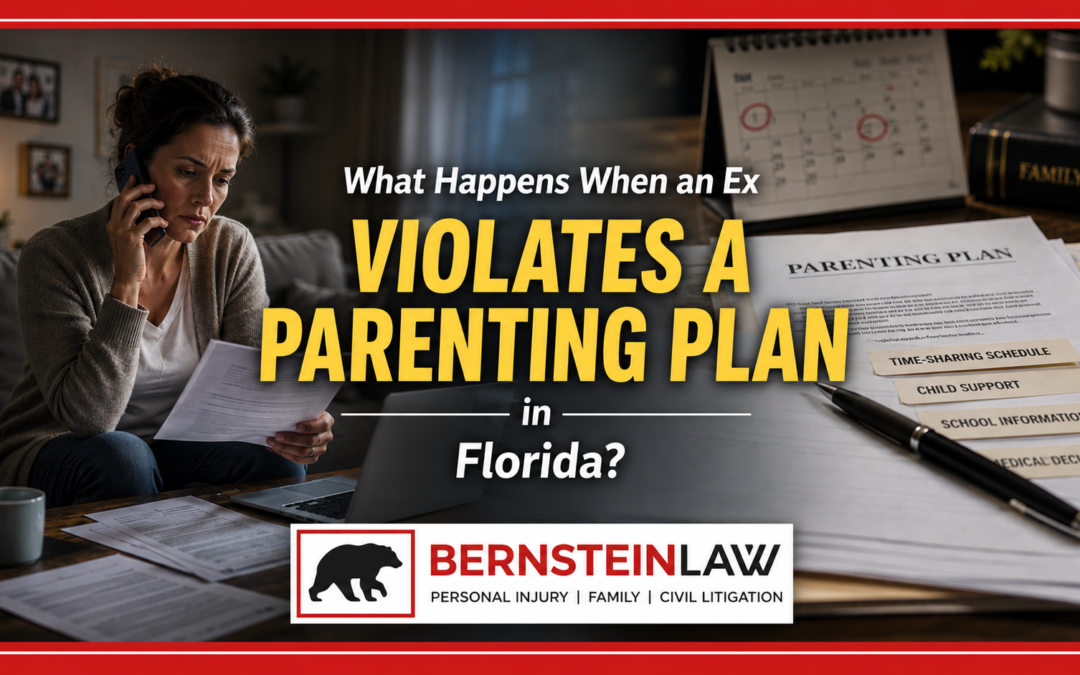 Divorced Florida mother reviewing a violated parenting plan after an ex fails to follow child custody and timesharing agreement.